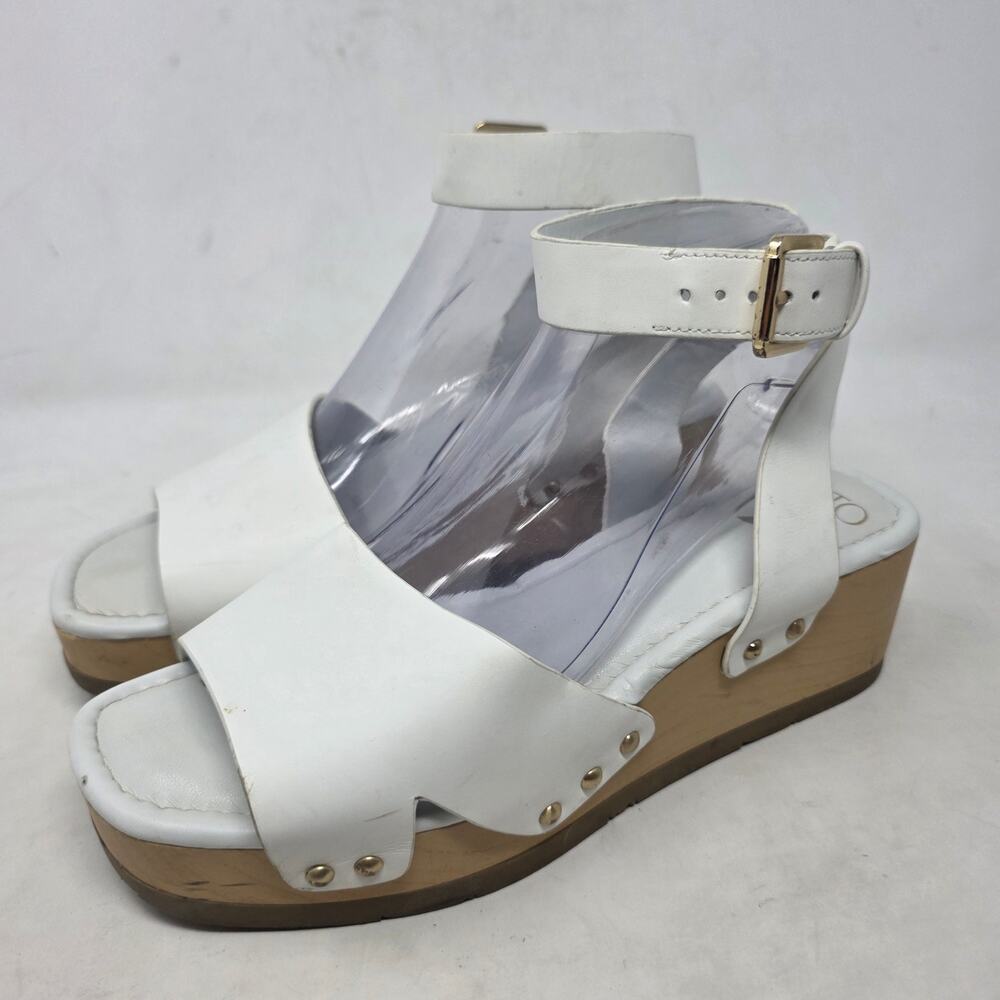 SARTO White Leather Wedge Sandals Ankle Strap Studded Women’s Size 9M
